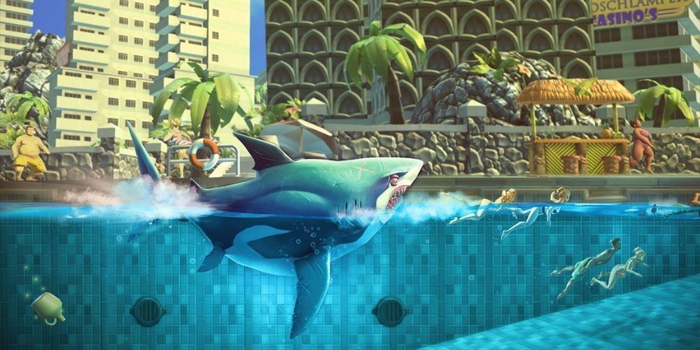 A shark attacks a swimmer in Hungry Shark World