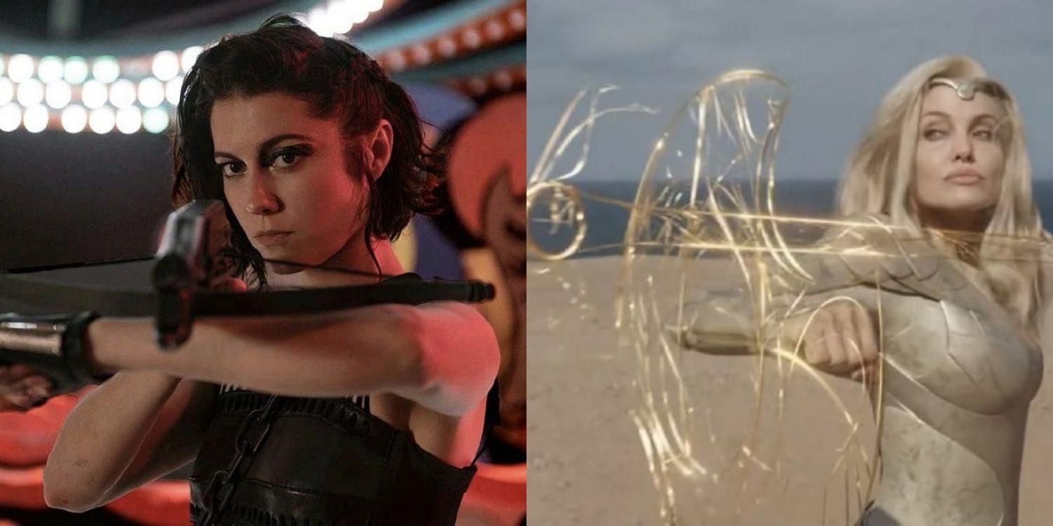 Huntress aiming a crossbow over her arm and Thena using her powers on a beach