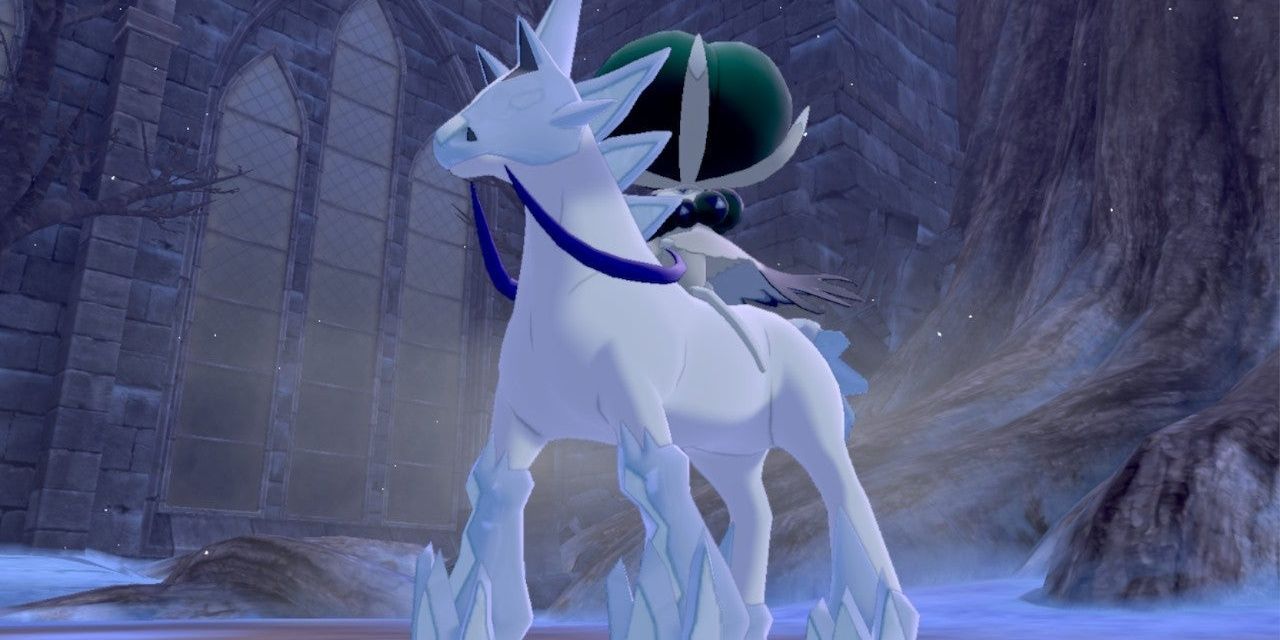 Ice Rider Calyrex prepares to battle the player character in Pokemon Sword &amp; Shield's Crown Tundra