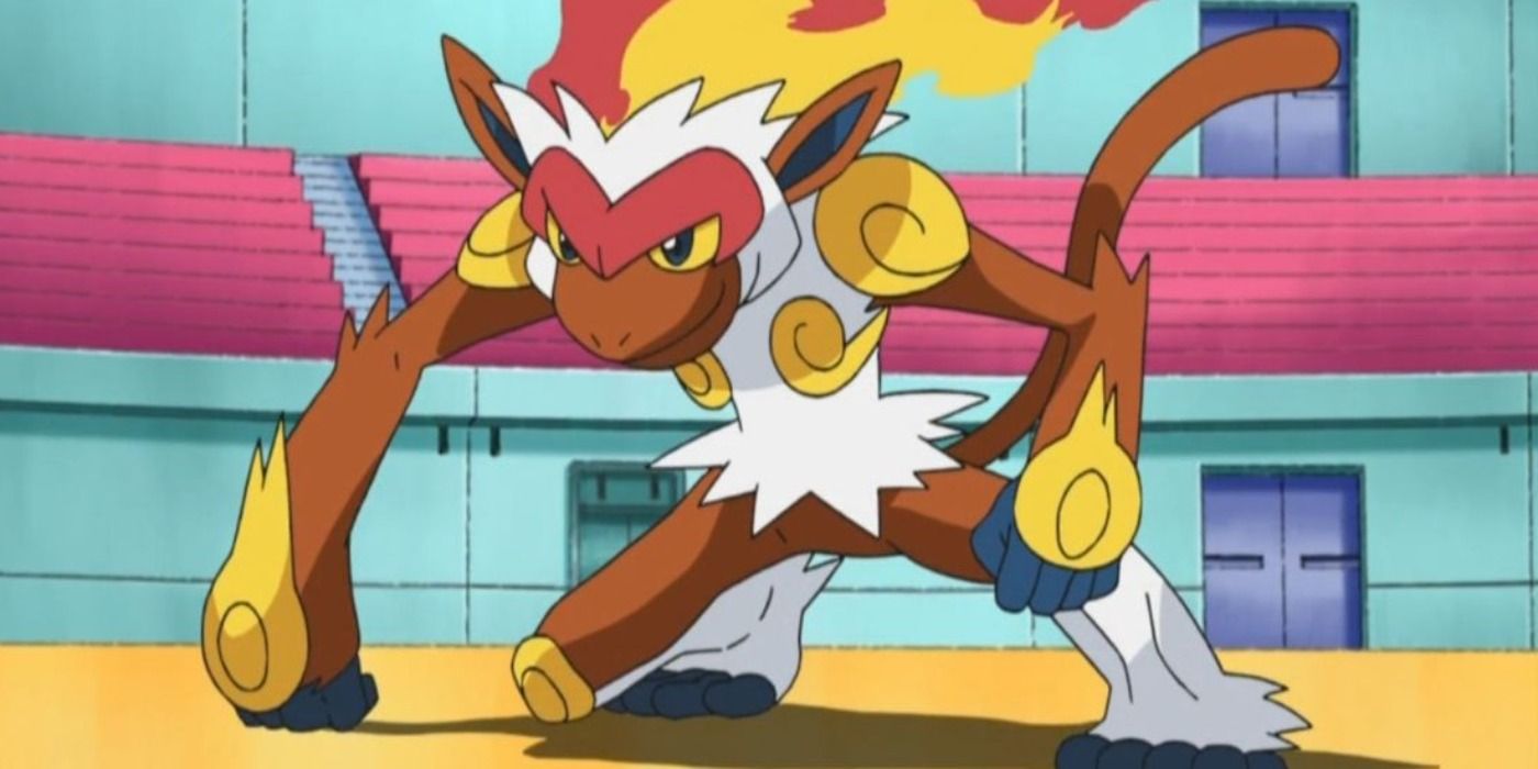 Infernape in an arena in the Pokémon anime