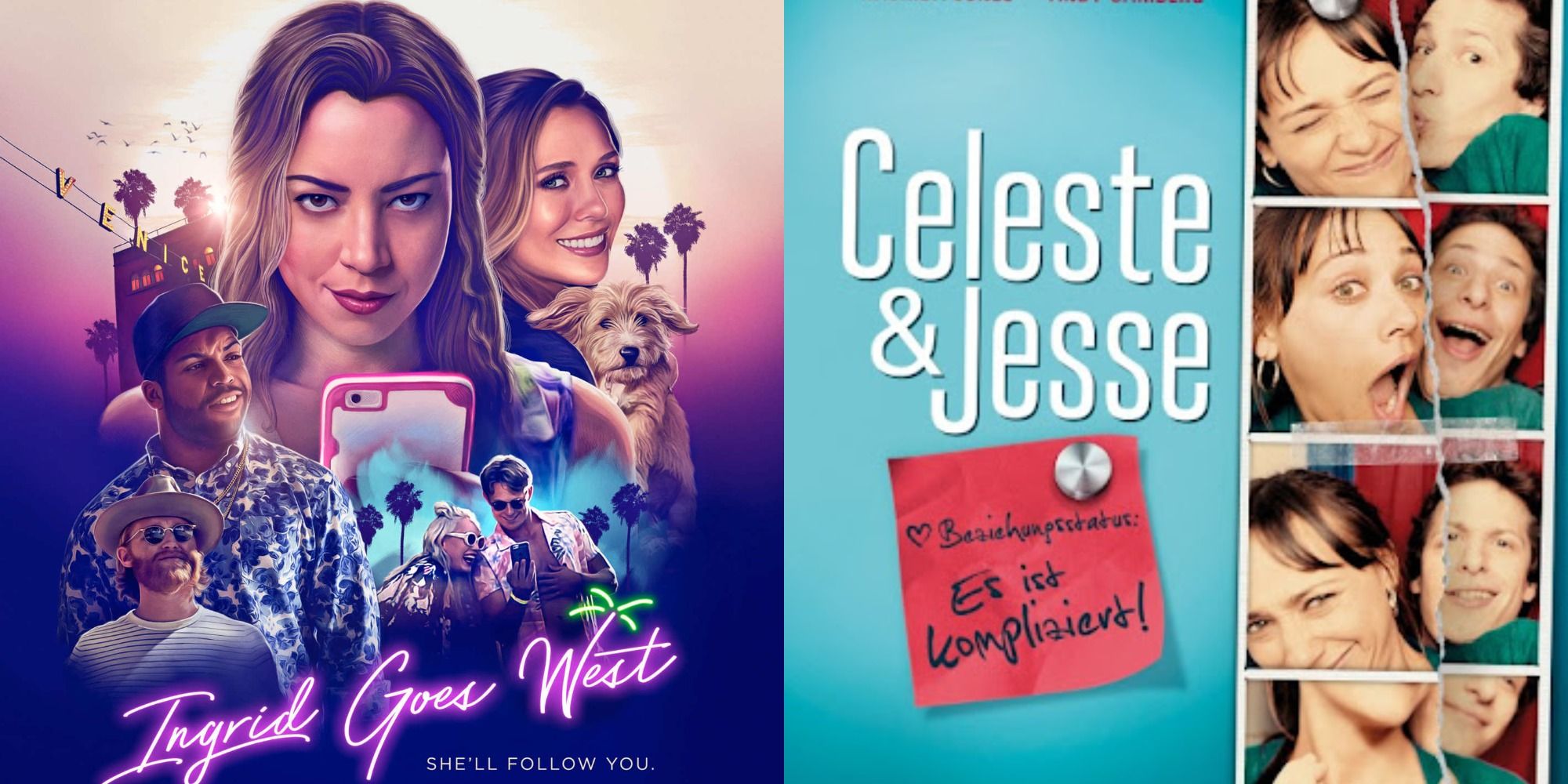 Split image showing posters for Ingrid Goes West and Celeste and Jessie Forever