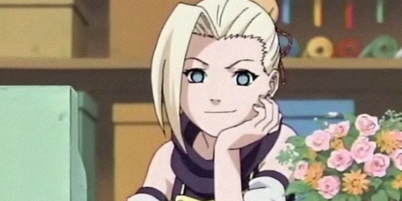 Ino smirking with her head in her hand next to some flowers in Naruto