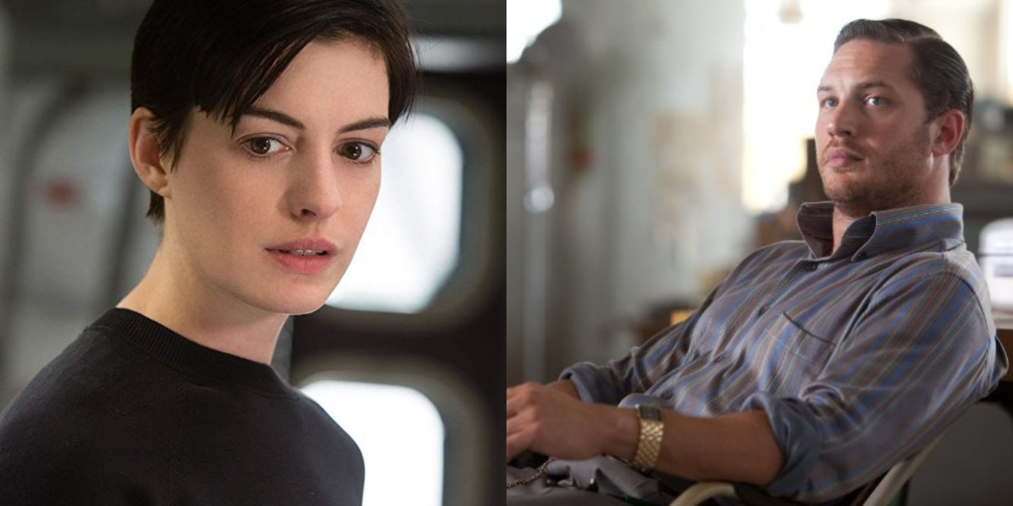 Split image of Anne Hathaway in Interstellar and Tom Hardy in Inception