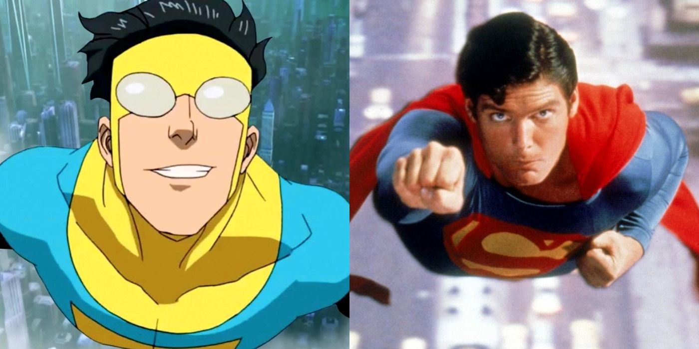 Split image of Invincible and Superman, both flying