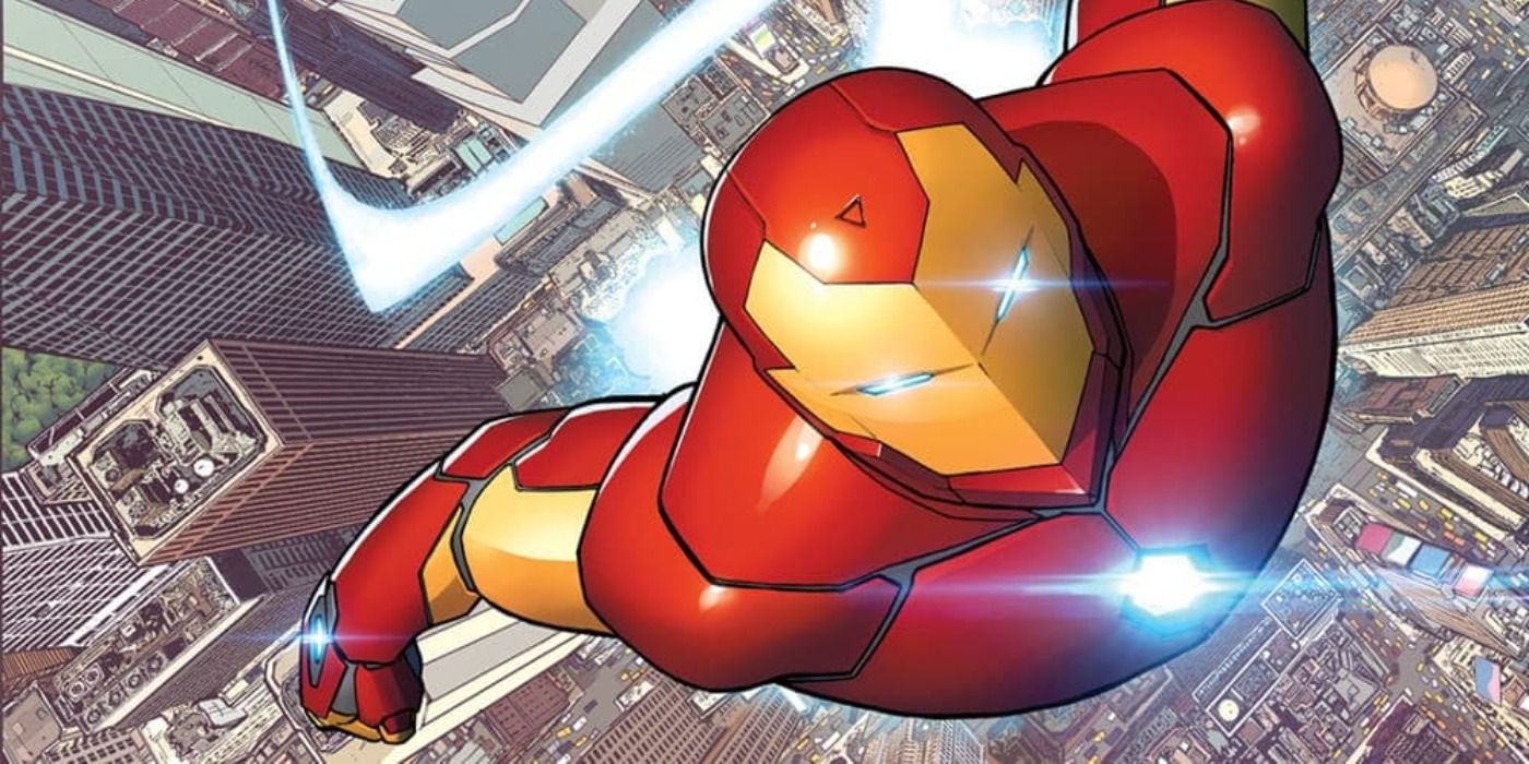 Iron Man in his suit soaring up above the cityscape