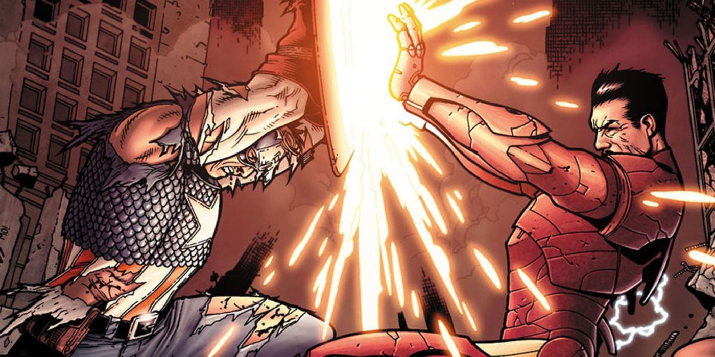 Iron Man fighting Captain America in Civil War comic book.