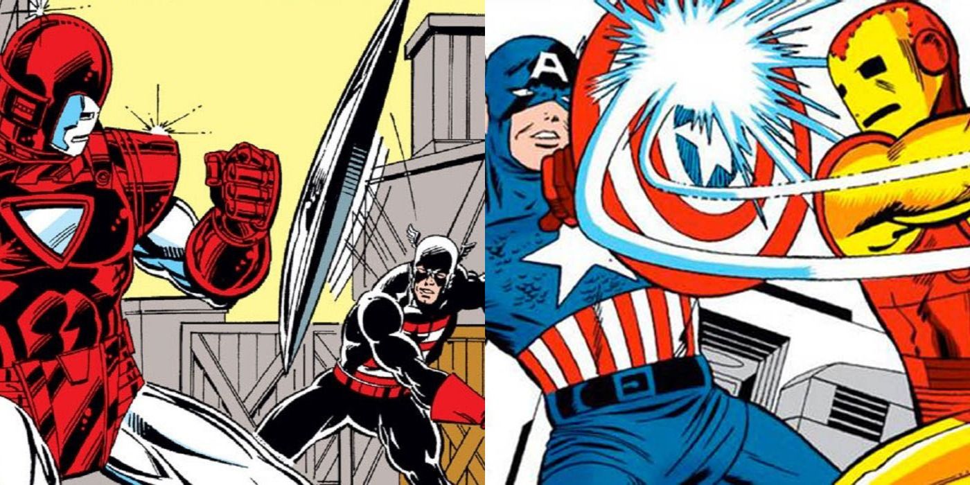 Split image of Iron Man fighting Captain America in Marvel comics.