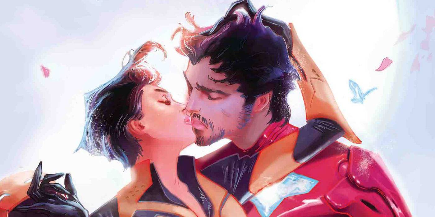 Homem de Ferro beijando Vespa nos quadrinhos.