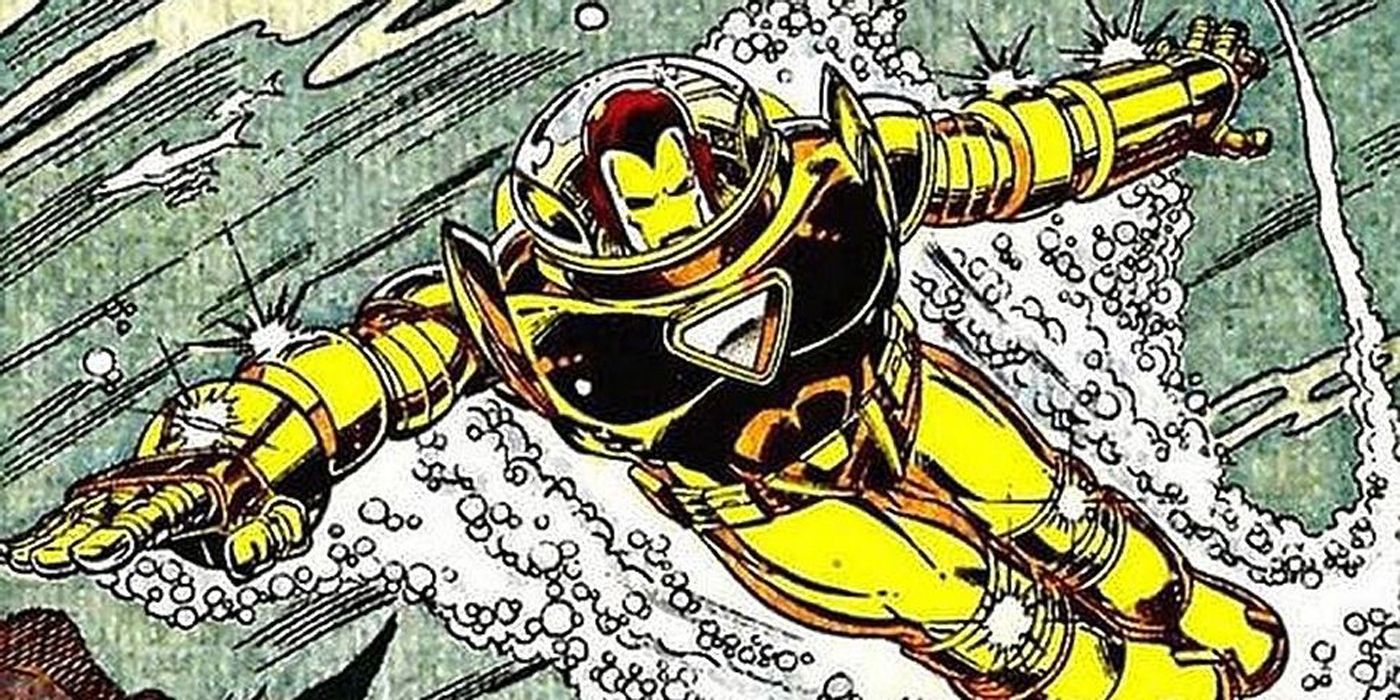 Iron Man swimming in underwater armor.