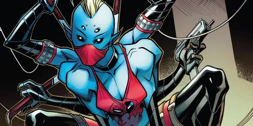 Comic book art: Itsy-Bitsy Looks down while holding a gun