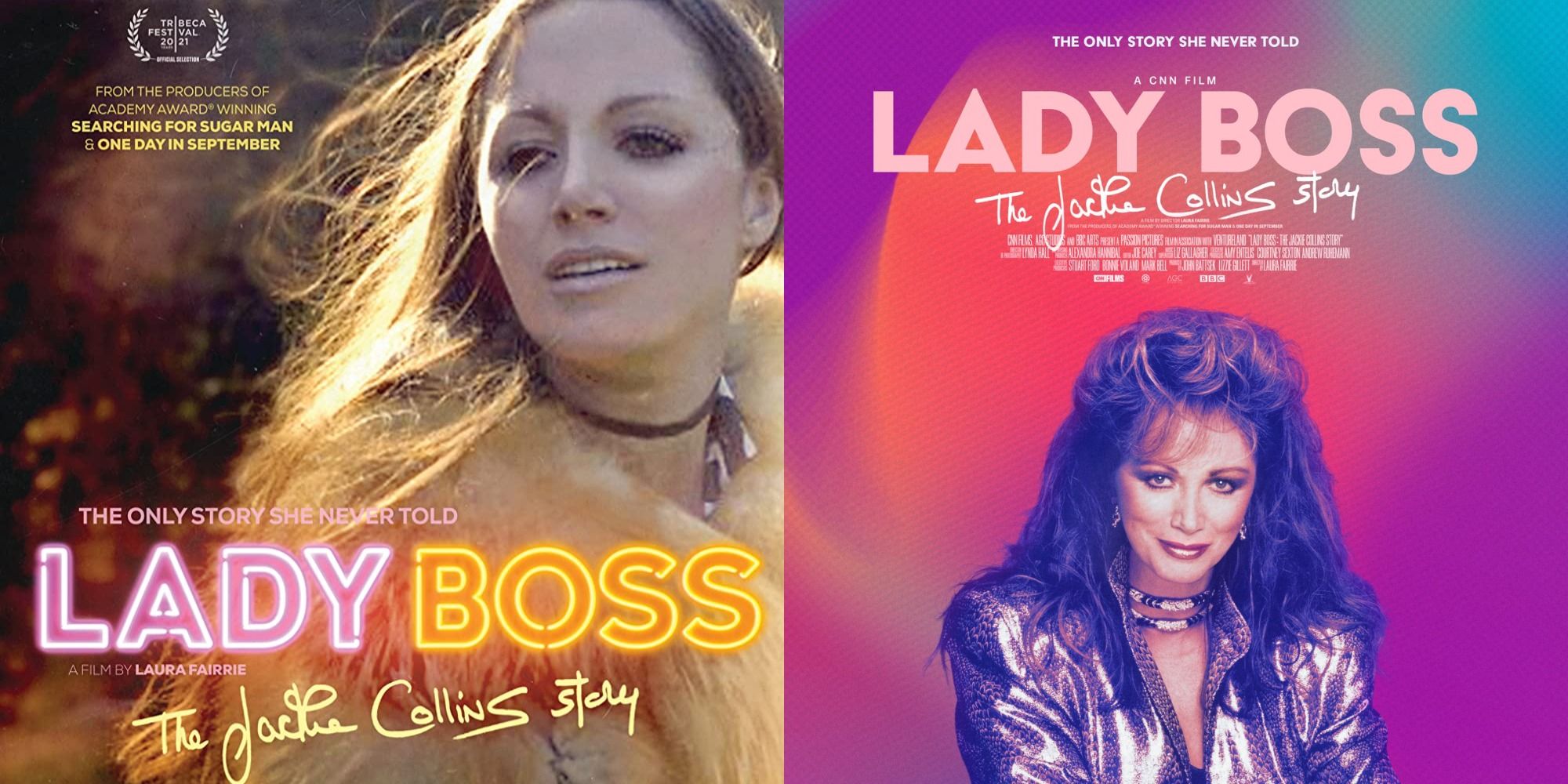 Split image of two posters of Lady Boss with young and old Jackie Collins.