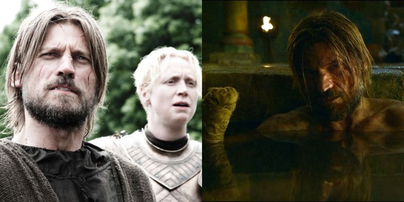 Split image of Jaime being escorted by Brienne and a ragged Jaime showing where his hand was severed