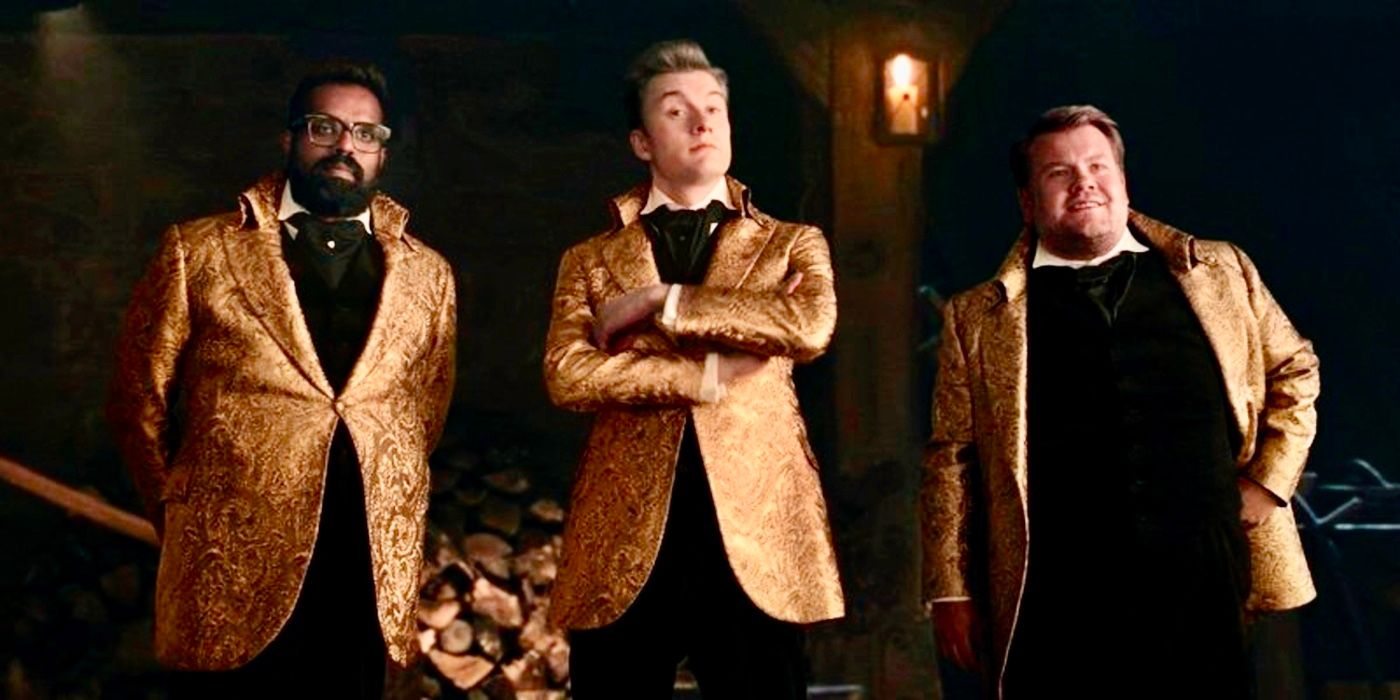 Romesh Ranganathan, James Acaster and James Corden in gold jackets