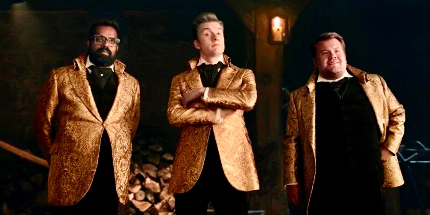 Romesh Ranganathan, James Acaster, and James Corden in gold jackets