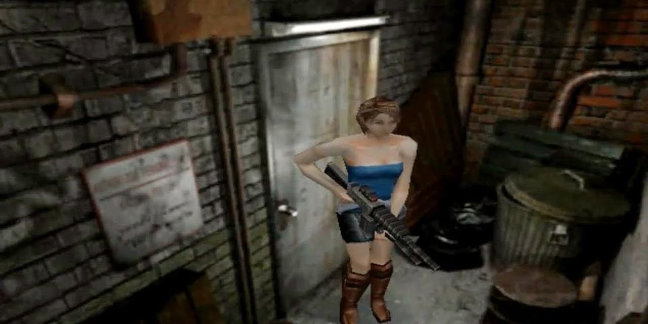 Jill Valentine holds a gun in an alley in Resident Evil 3 Nemesis
