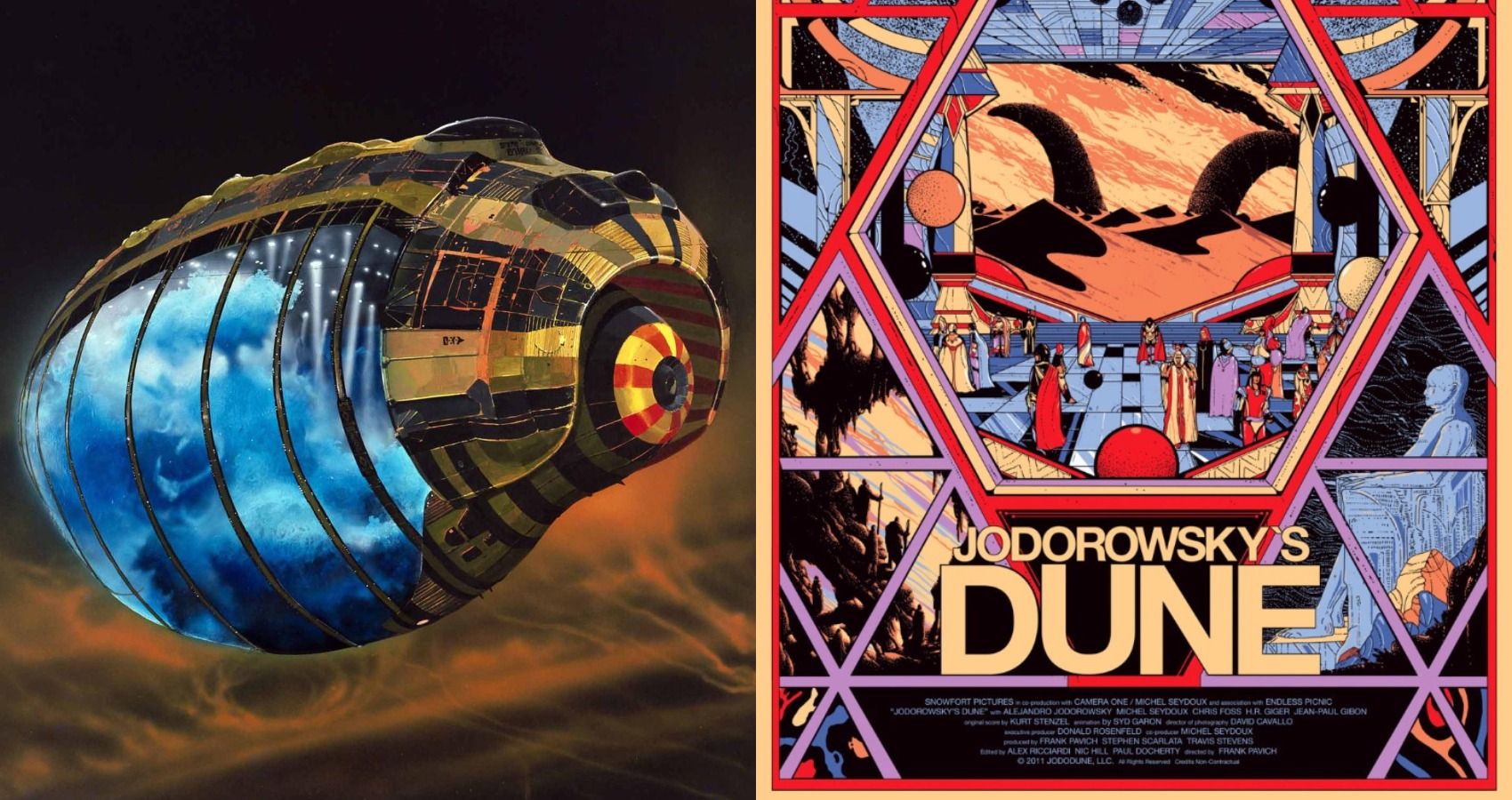 Split image of concept art and movie poster of Jodorowsky's Dune