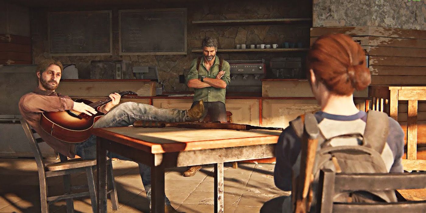 Joel, Tommy, and Ellie sitting around a table while Tommy strums a guitar in The Last of Us Part 2.