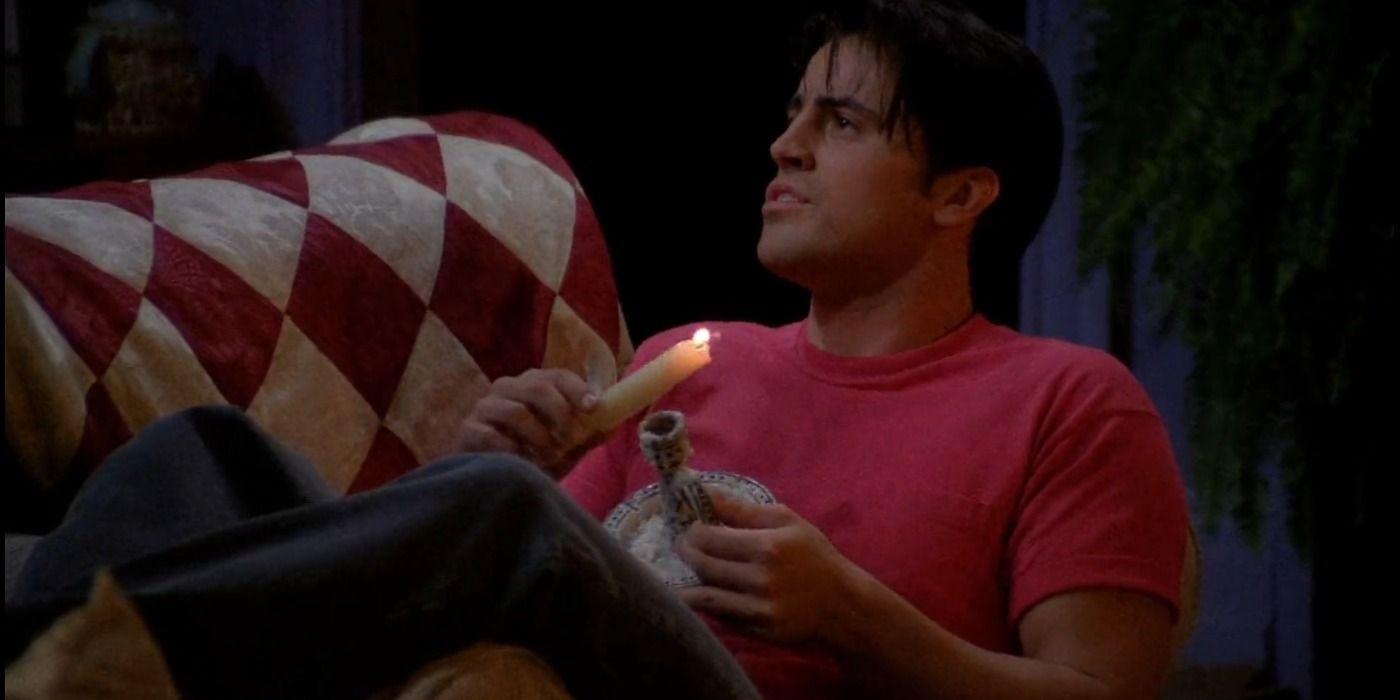 Joey in Monica's apartment during the blackout in Friends