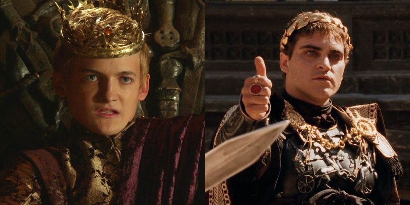 Split image of Joffrey on the Iron Throne wearing a crown and Commodus passing judgement in Gladiator
