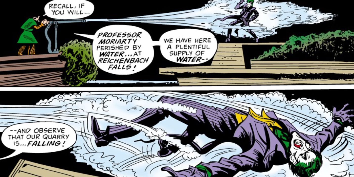 Sherlock Holmes nails the Joker with a high-pressure water gun