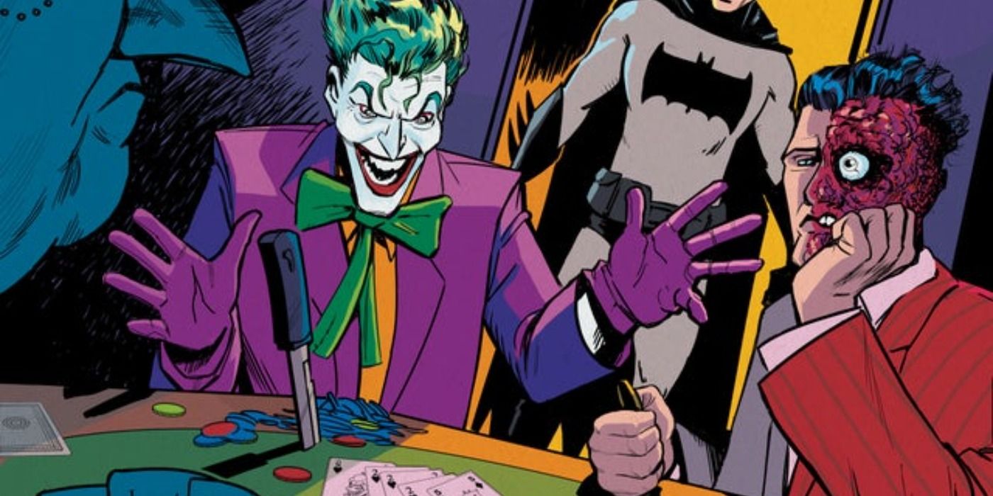 Joker and Two-Face play poker in DC Comics.