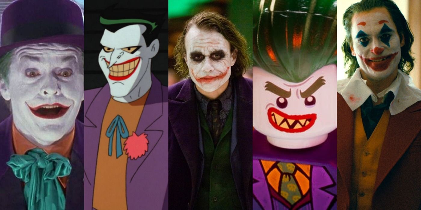 Split image of Joker in Batman 1989, The Animated Series, Dark Knight, Lego movie, and Joker