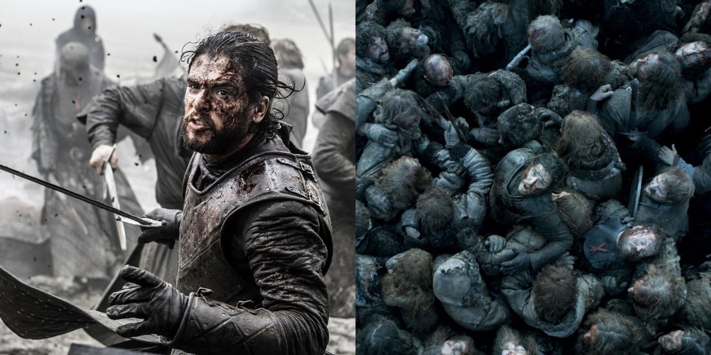 Split image of a bloodied Jon Snow in the Battle of the Bastards and desperately climbing over a mountain of corpses and embattled soldiers