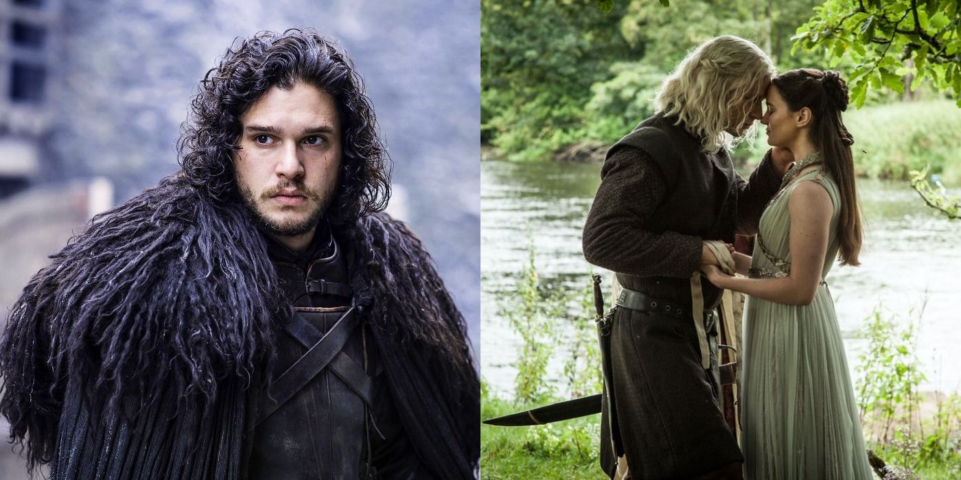 Split image of Jon Snow wearing his all-black Night's Watch uniform, and Rhaegar and Lyanna embracing at their wedding in Game of Thrones