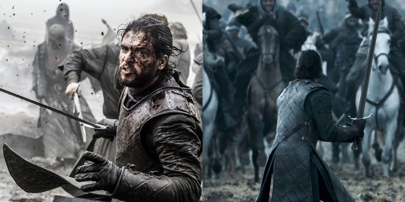 Split image of a bloodied Jon fighting Ramsay's army and him facing down the cavalry alone