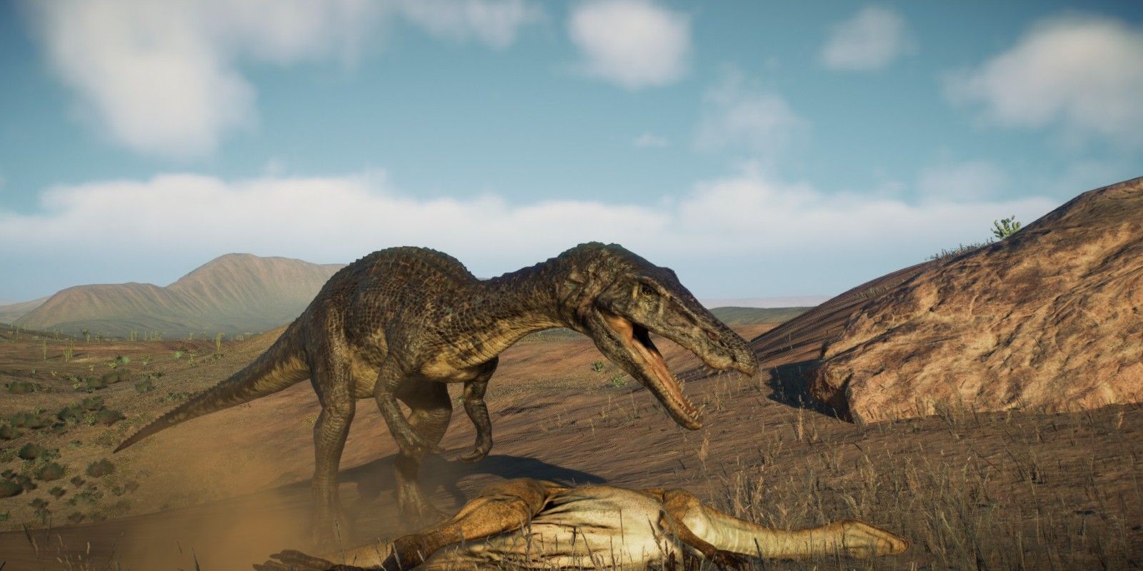 A Baryonyx stands over prey to feed in Jurassic World Evolution 2