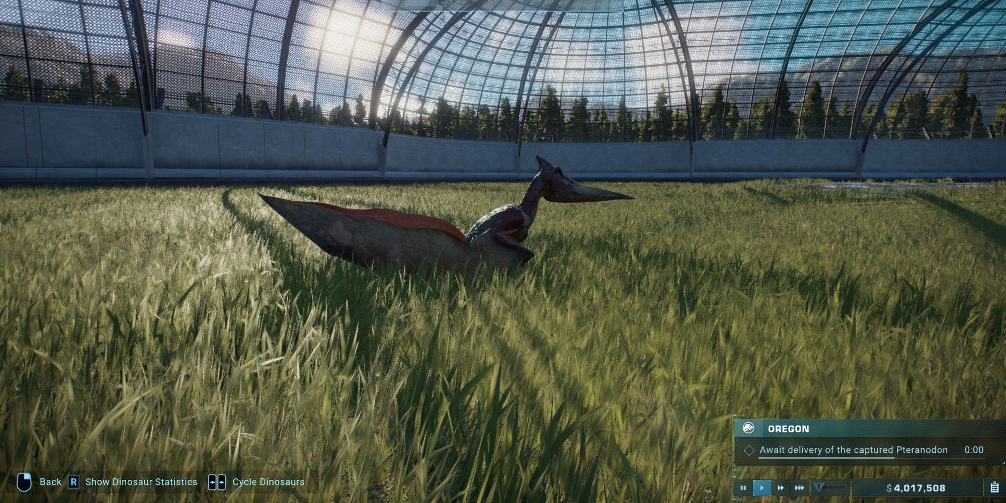 A Pterodon roosts in its Aviary in Jurassic World Evolution 2