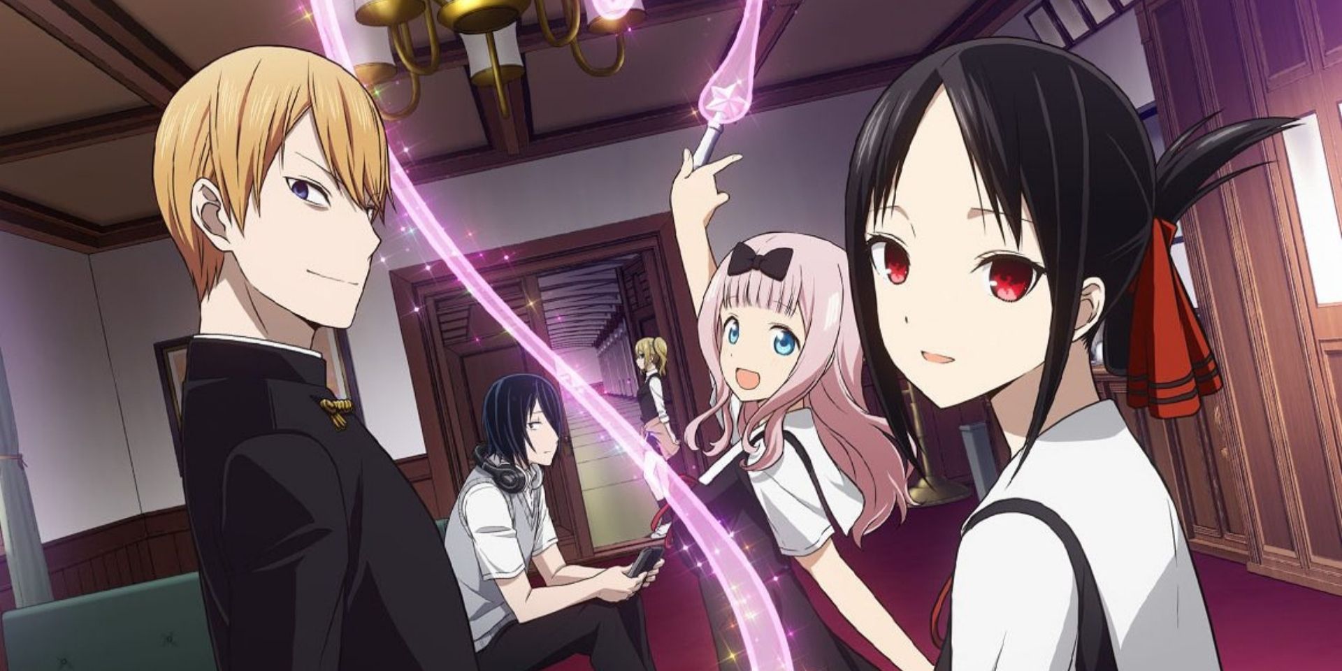 Five teenagers hang out in a hallway in Kaguya-Sama: Love Is War.