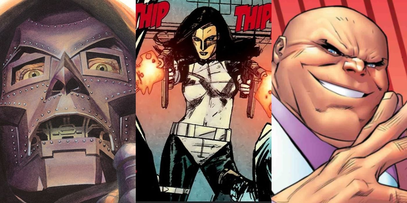 Split image of Doctor Doom, Madame Masque, and Kingpin from Marvel Comics.