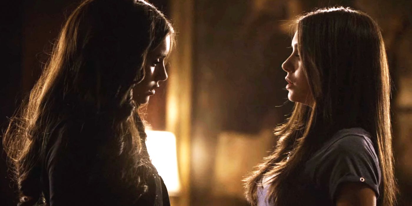 Katherine and Elena stare at each other in The Vampire Diaries