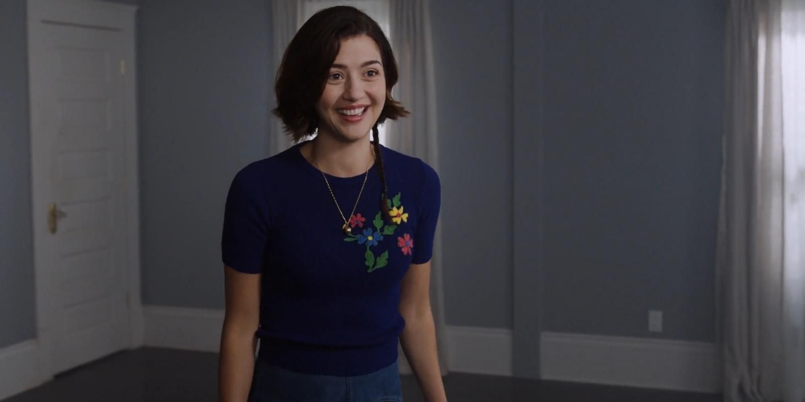 Katie Findlay as Bryn talks excitedly in the apartment in Psych 3 This Is Gus