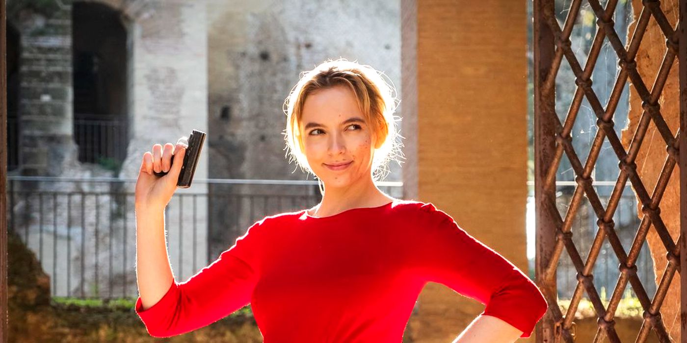 Villanelle poses with a gun in Killing Eve.