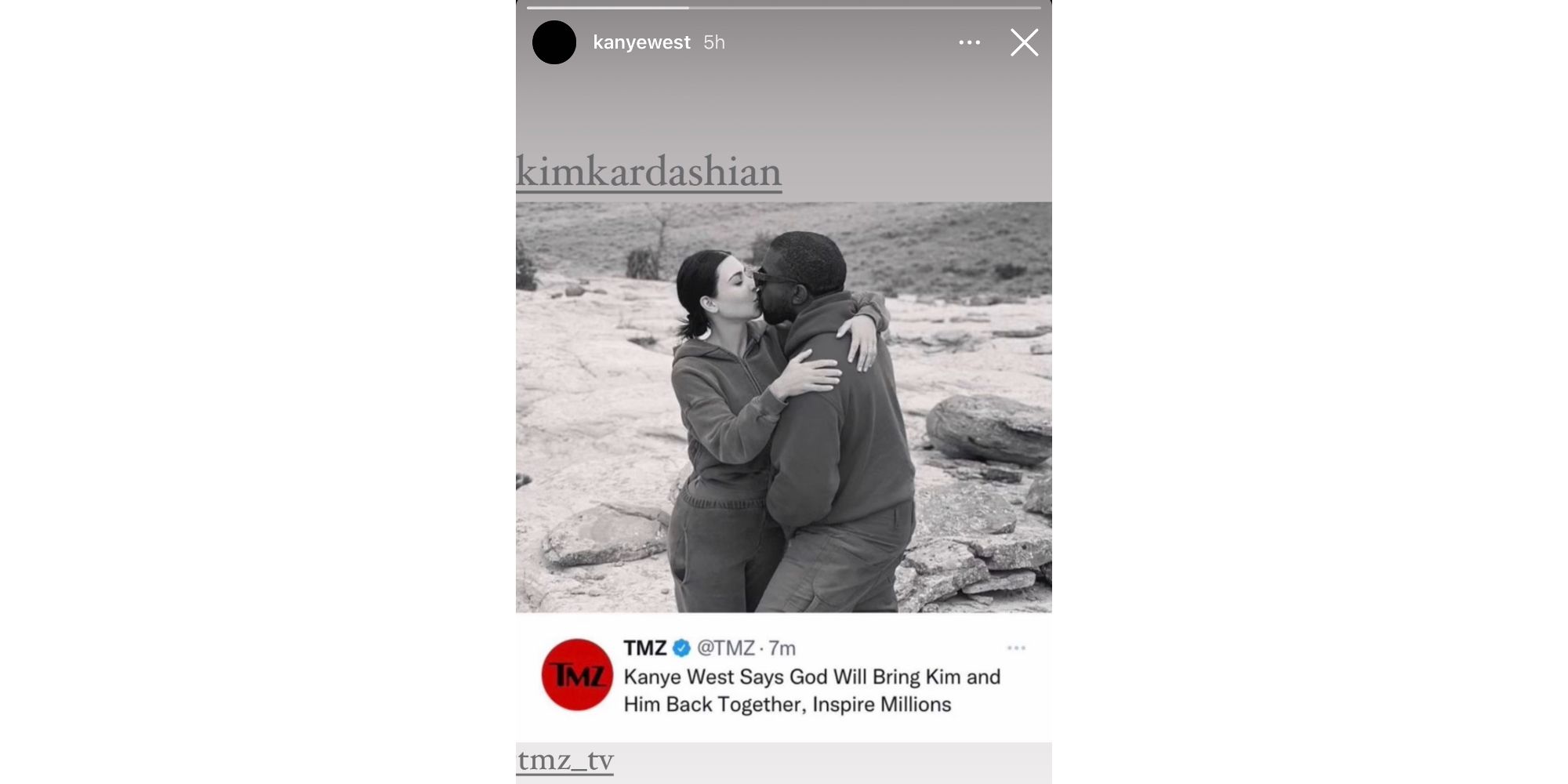 Kim Kardashian and Kanye West from Keeping Up With The Kardashians via Instagram Story sharing TMZ story about their reconciliation