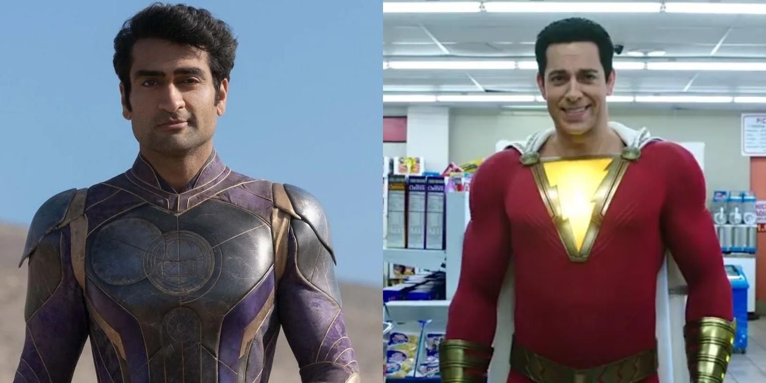 Kingo smiling in a barren landscape next to Shazam smiling in a convenience store