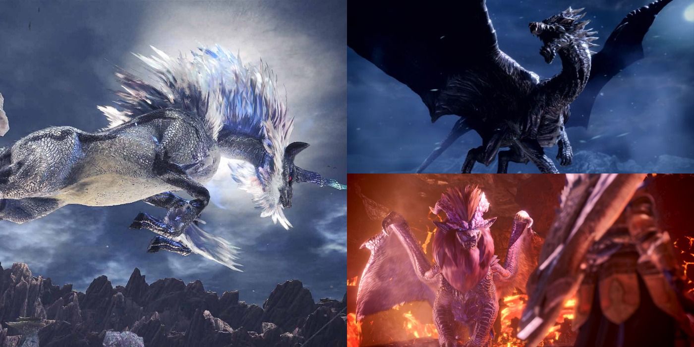 Split image of Kirin, Kushala, and Teostra in Monster Hunter World
