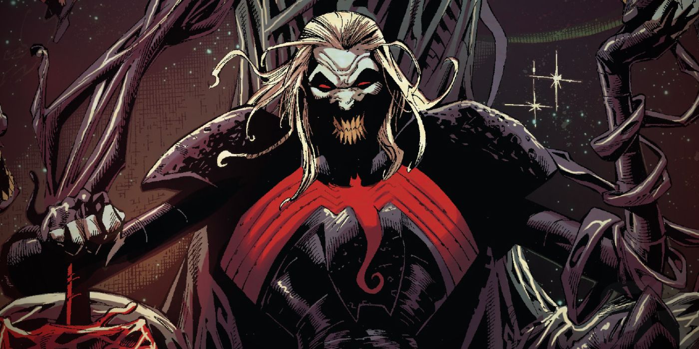 Knull sits on a throne and smiles in Marvel Comics.