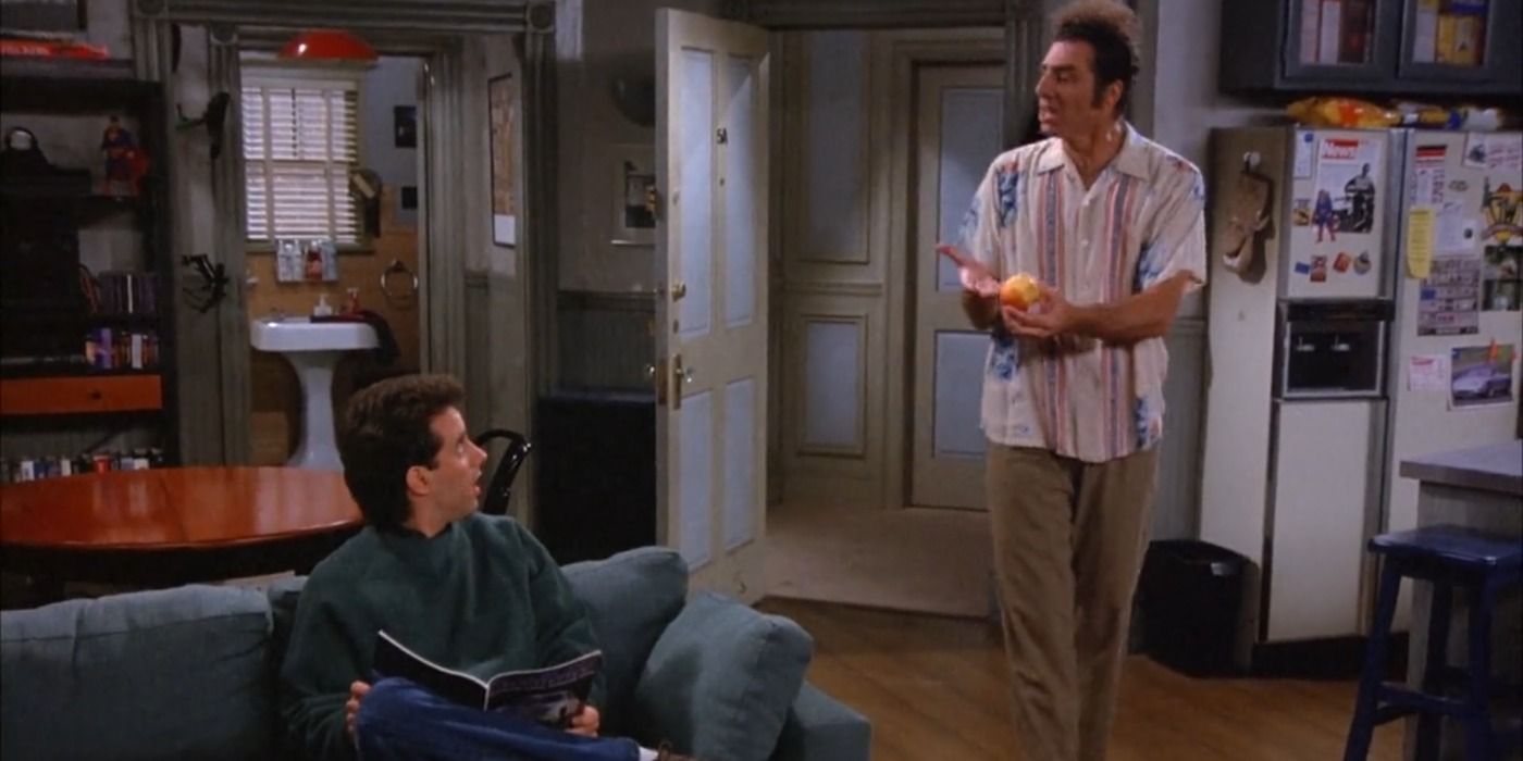 Kramer comes into Jerry apartment holding a Mackinaw peach in Seinfeld