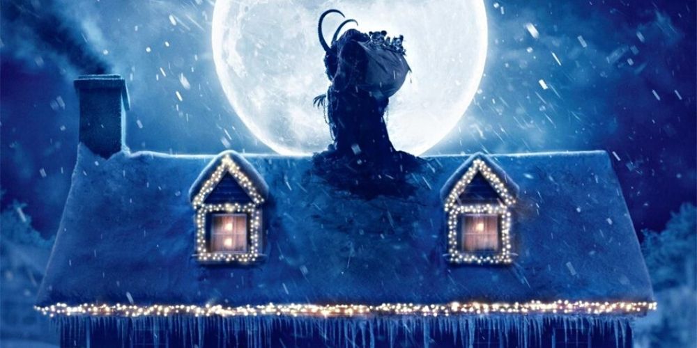 Krampus stands atop the house of his next victims.