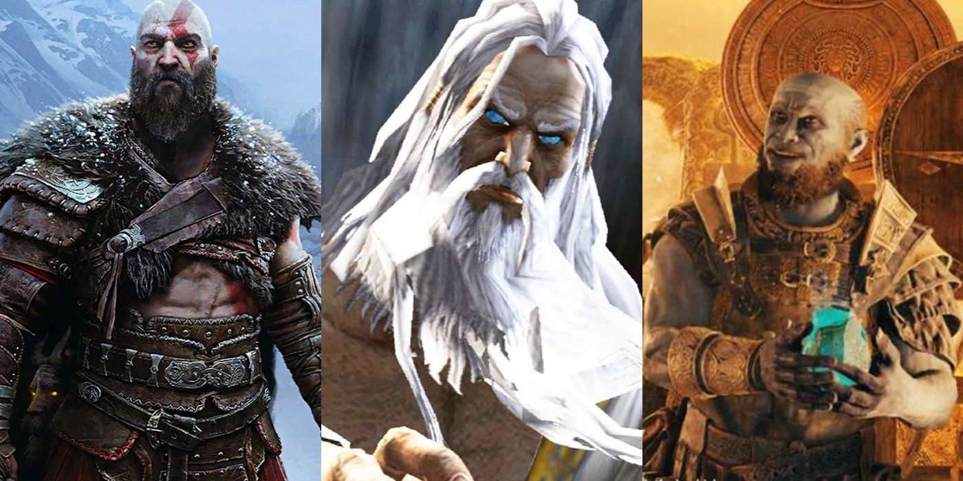 Split images of Kratos in front of mountains, an angry Zeus, and a concerned Brok in God of War.