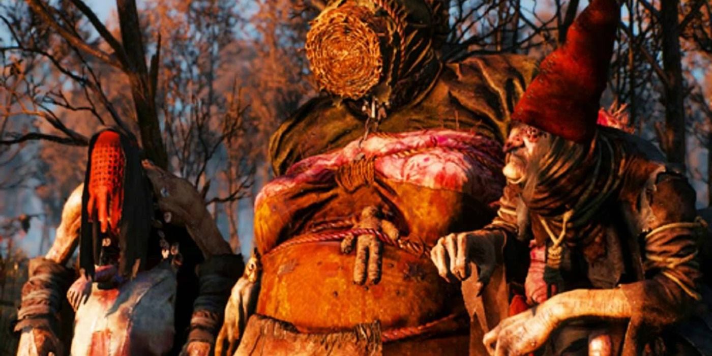 The three Crones of Crookback Bog look at the setting sun in The Witcher 3
