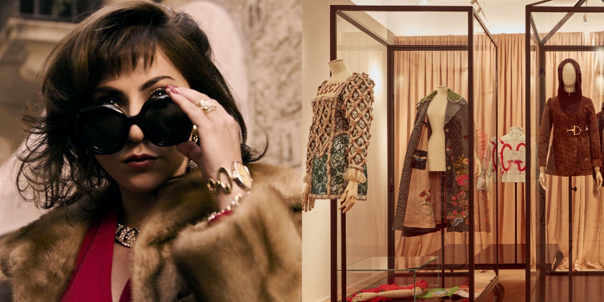 Split image of Lady Gaga in sunglasses as Patrizia Reggiani in House of Gucci and a picture of the Gucci Garden Museum in Florence Italy