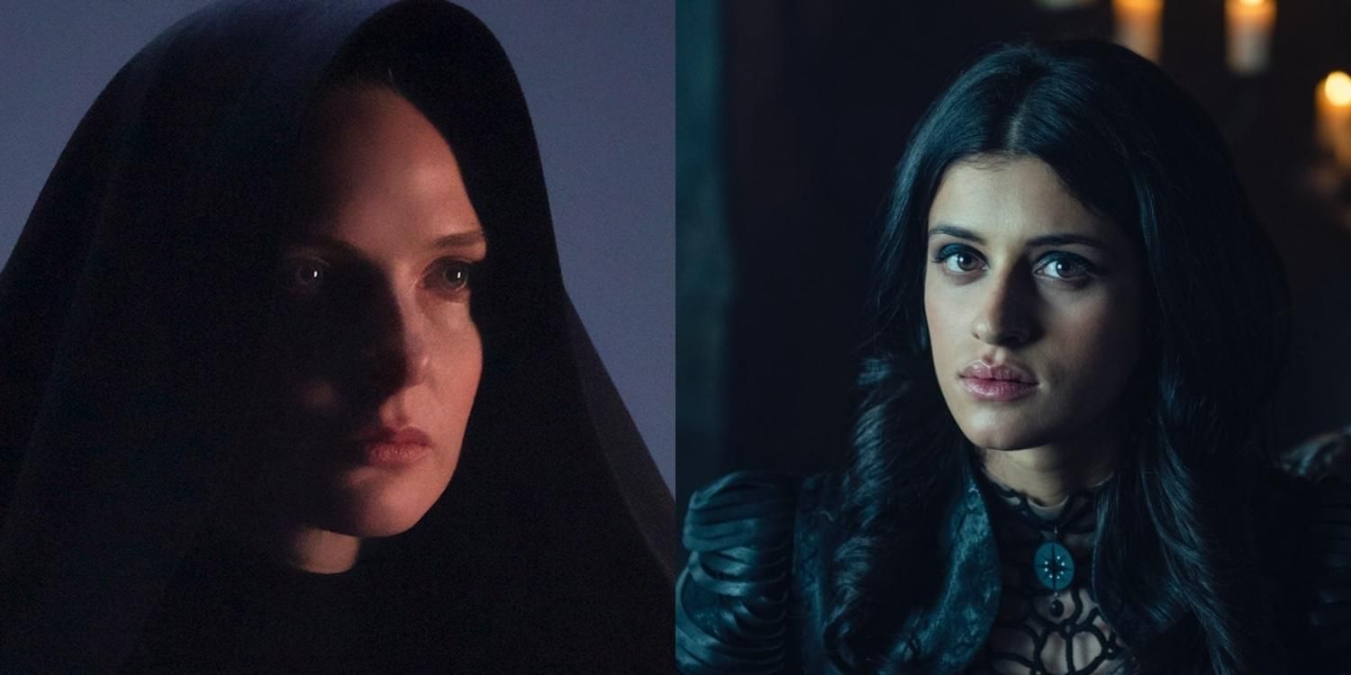 Lady Jessica wearing a hood in shadow and light and Yennefer in a candlelit room in an elaborate dress