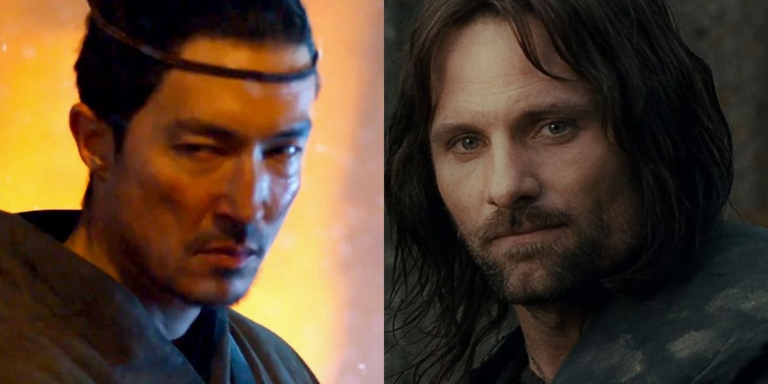 Lan Scowling in front of a fire next to Aragorn staring at the camera
