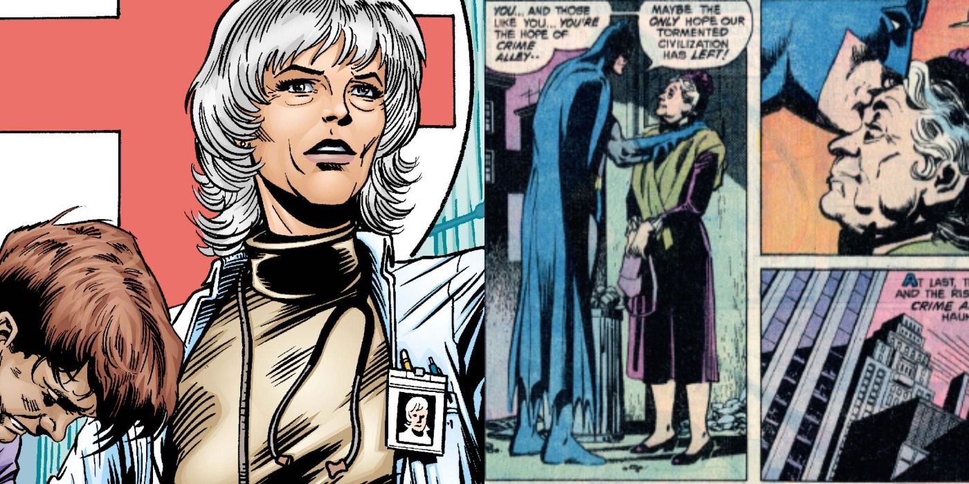 Split image of Dr. Thompkins tending to an ailing patient Batman having a touching exchange with her in the comics