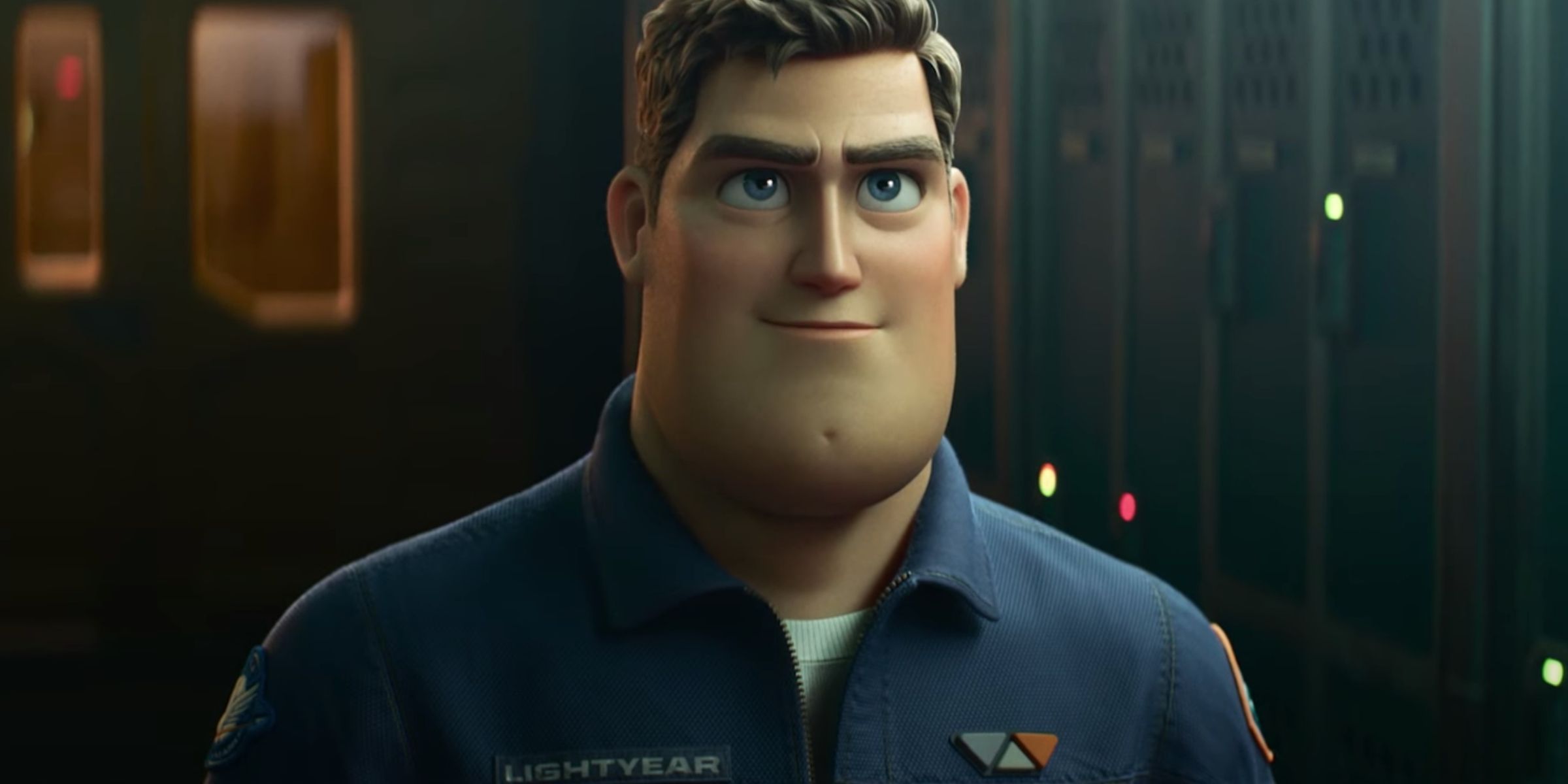 Buzz looks at the camera in his civilian clothes in Lightyear.