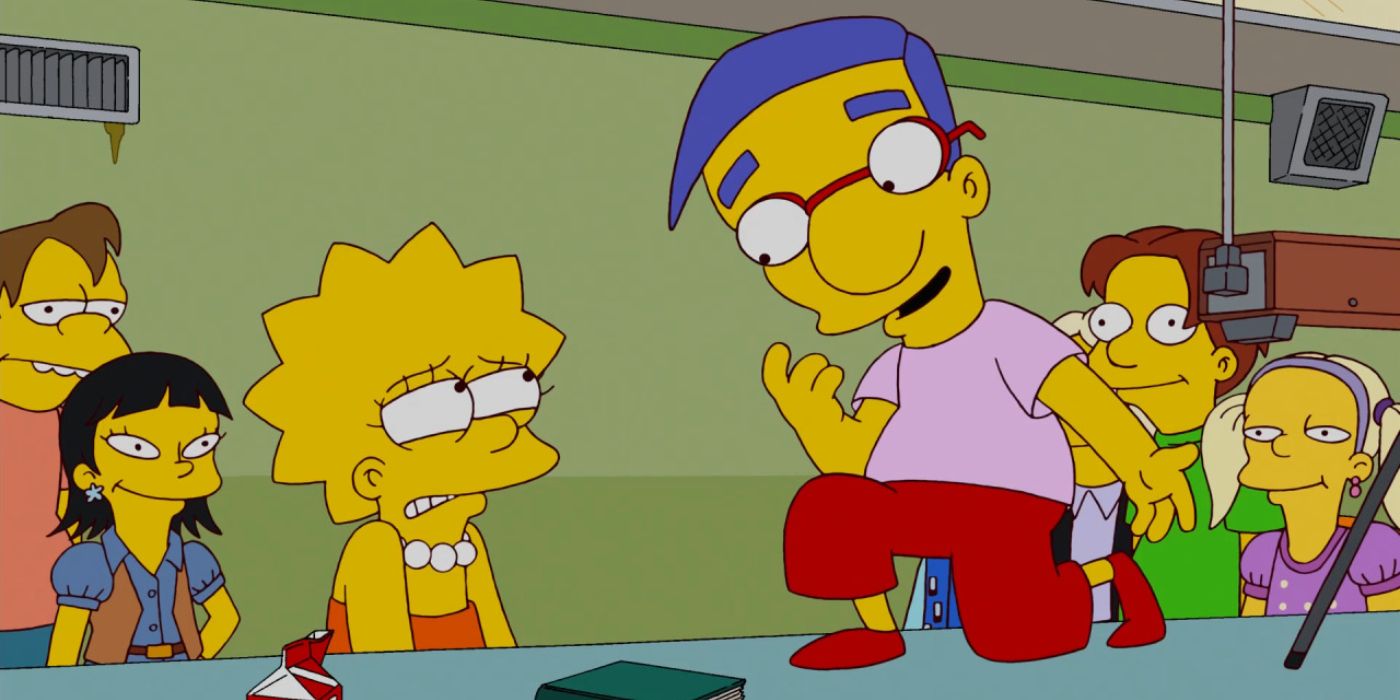 Lisa cringes as Milhouse kneels in front of her in The Simpsons.